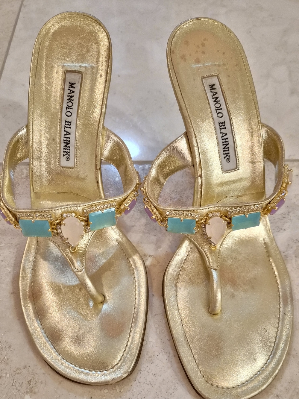 VINTAGE Manolo Blahnik Gold Jeweled Cabochon Thong Sandals - Fits US 7.5